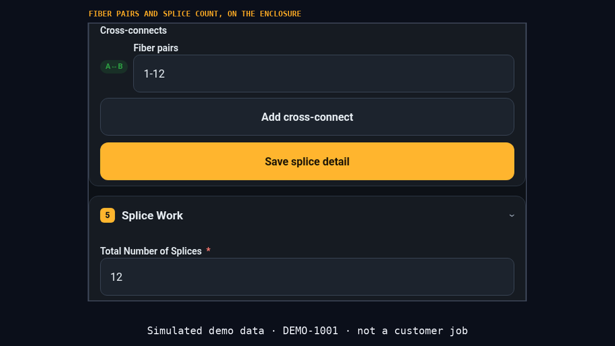 SpliceFlow enclosure record showing fiber pairs 1-12 on a cross-connect and a total of 12 splices, simulated DEMO-1001 job
